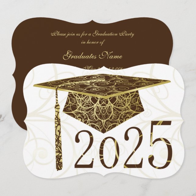 Brown and Gold Floral Cap 2025 Graduation Party Invitation (Front/Back)
