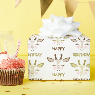 Brown and Gold Giraffe Faces Birthday Wrapping Paper