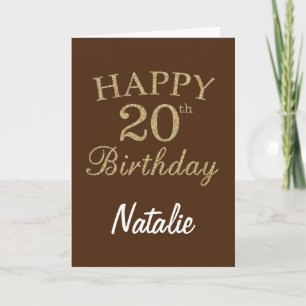 Brown and Gold Glitter 20th Birthday Card