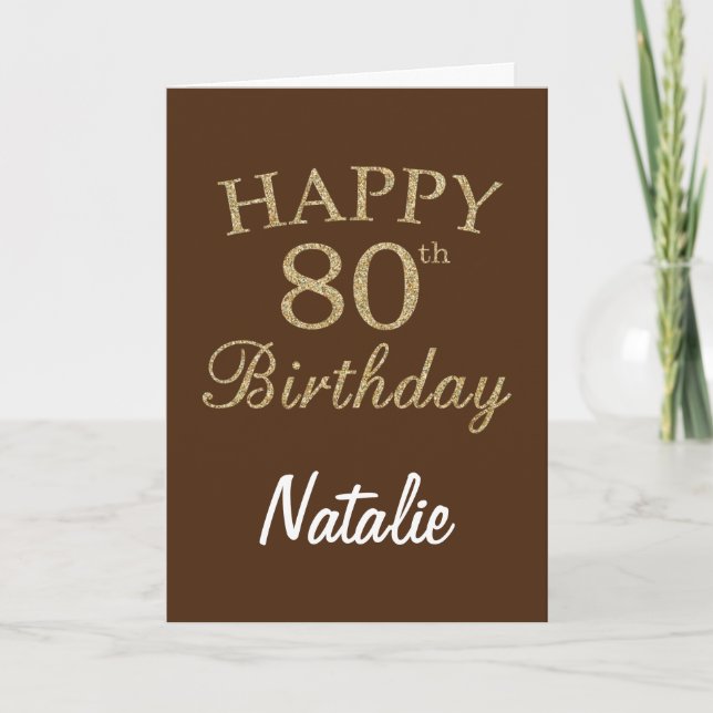 Brown and Gold Glitter 80th Birthday Card (Front)