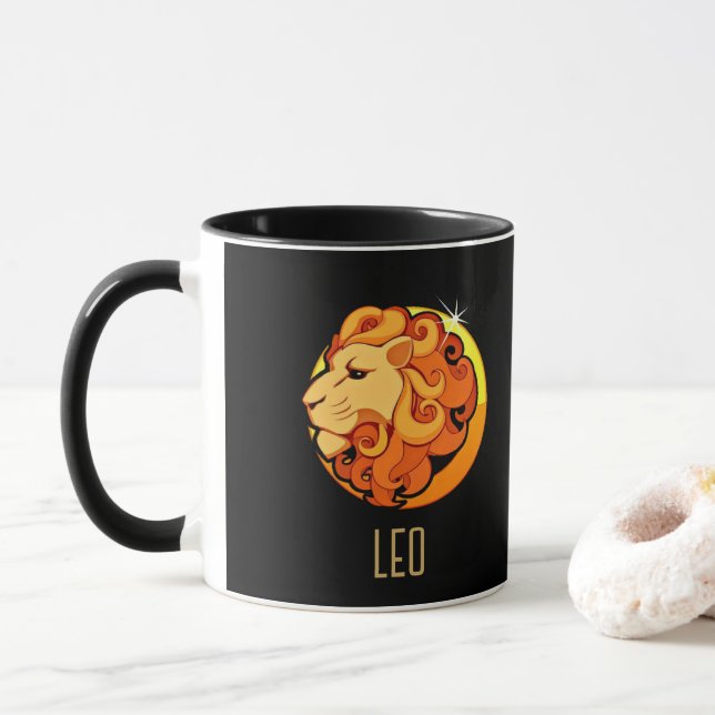 Brown and gold Leo zodiac sign black Mug (With Donut)