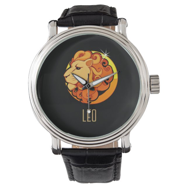 Brown and gold Leo zodiac sign black Watch (Front)
