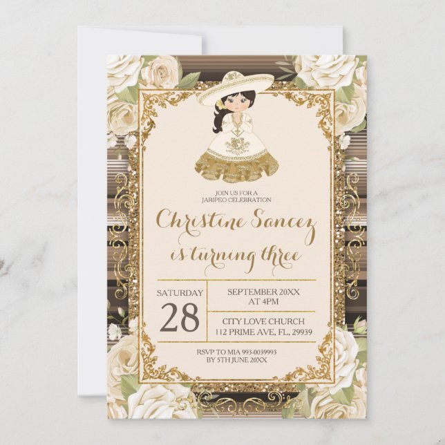 Brown and Gold Mexican Girl Third Birthday Invitation (Front)