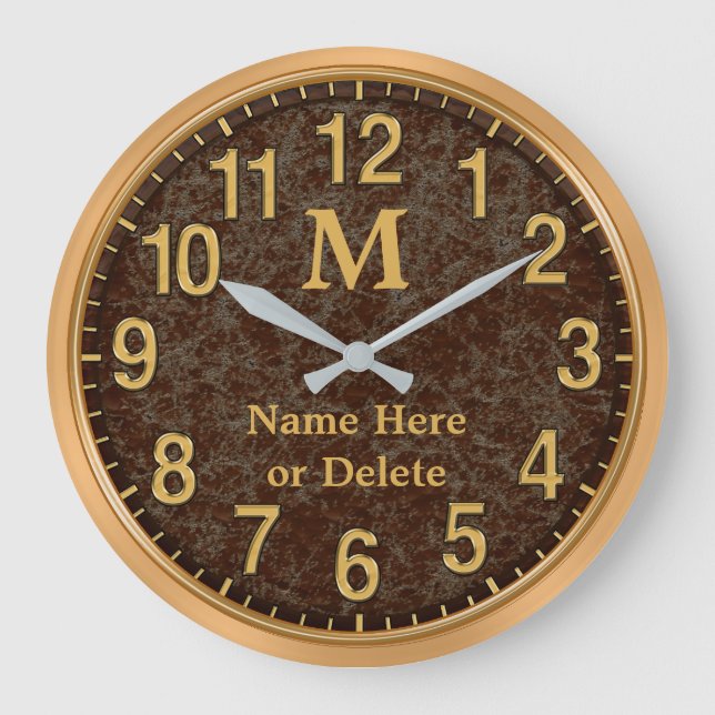 Brown and Gold Monogrammed Personalised Clock (Front)