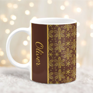 Brown and Gold Snowflakes Christmas Mug with Name
