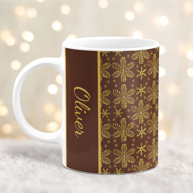 Brown and Gold Snowflakes Christmas Mug with Name (Creator Uploaded)