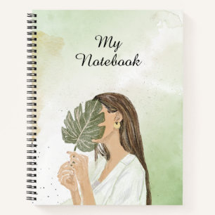 Brown and Green Aesthetic Watercolor Girl Cover Notebook