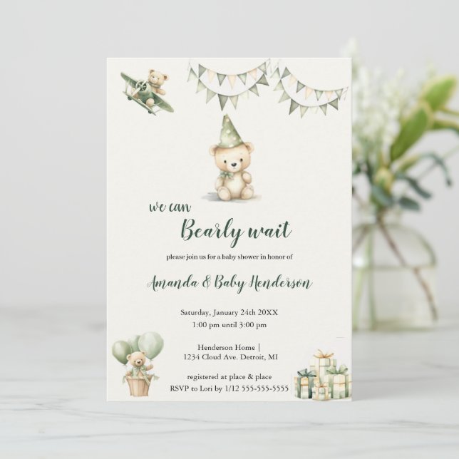 brown and green bear babyshower invitation (Standing Front)