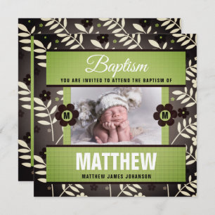 Brown and Green Boy's Baptism with Retro Botanical Invitation