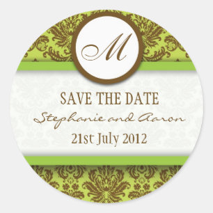 Brown and Green Damask Monogram Wedding Sticker