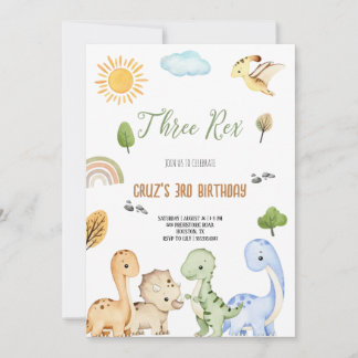 Brown And Green Dinosaur Three Rex 3rd Birthday Invitation