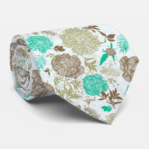 Brown and Green Pattern Retro Floral Tie