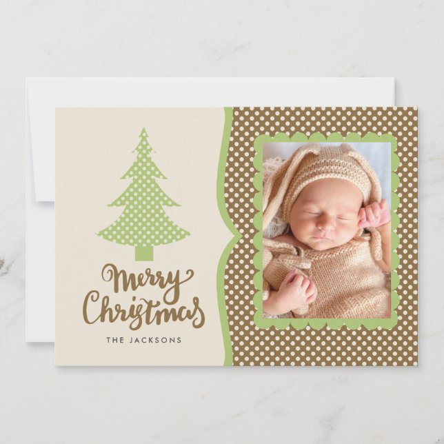 Brown and Green Polka Dots Christmas Photo Holiday Card (Front)