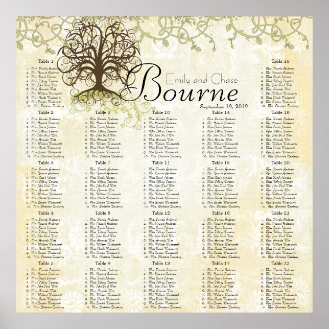 Brown and Green Swirl Tree Reception Seating Chart (Front)