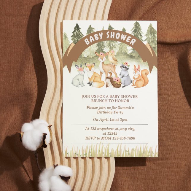 Brown and Green Woodland Animal Baby Shower  Invitation (Brown and Green Woodland Animal Baby Shower Invitation)
