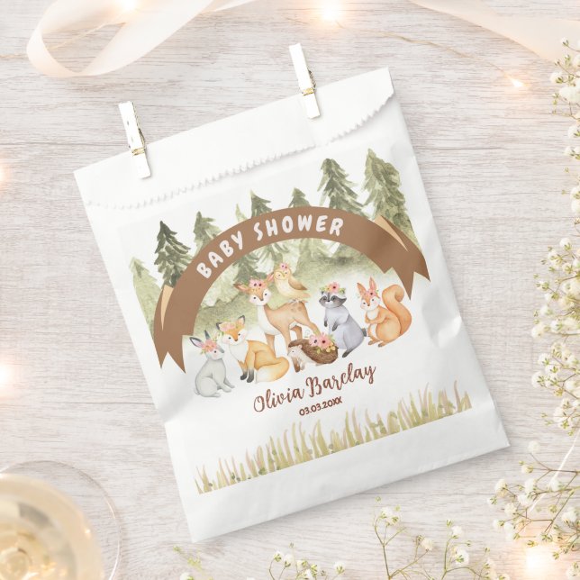 Brown And Green Woodland Animals Baby Shower Favour Bags (Clipped)