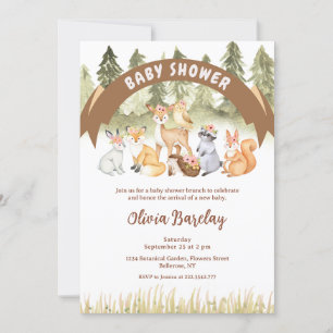 Brown And Green Woodland Animals Baby Shower  Invitation