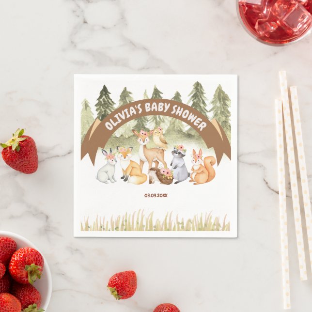 Brown And Green Woodland Animals Baby Shower  Napkin (Insitu)