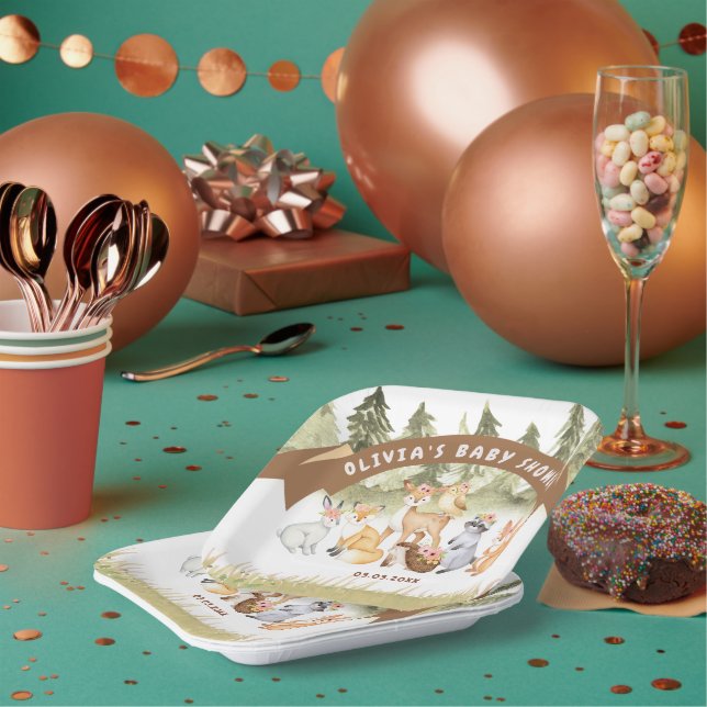 Brown And Green Woodland Animals Baby Shower  Paper Plate (Multi)