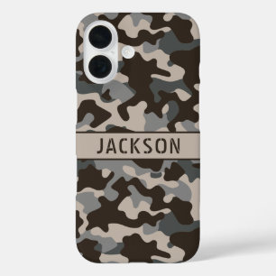 Brown and Grey Camouflage Personalised iPhone 16 Case