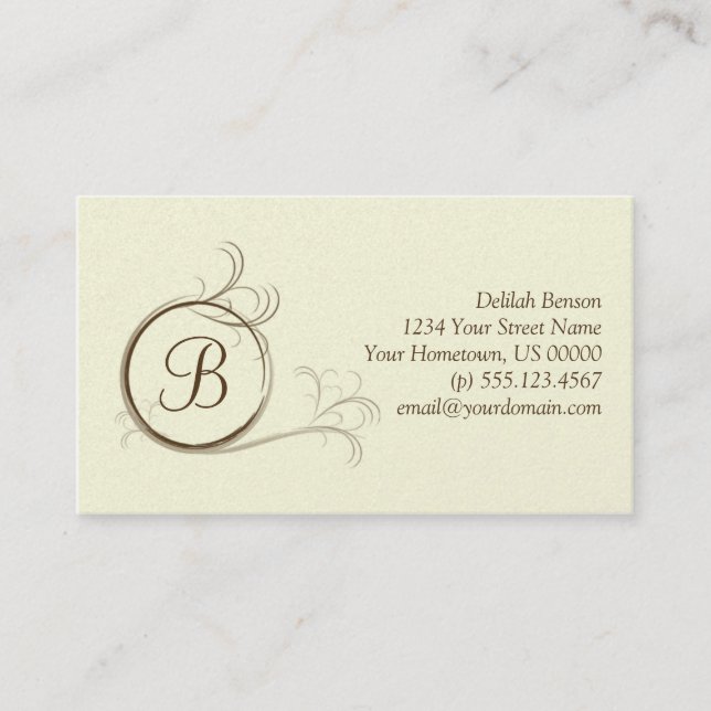 Brown and Ivory Pearlized Monogram Business Card (Front)