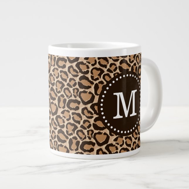 Brown and Leopard Print Custom Monogram Large Coffee Mug (Front Right)