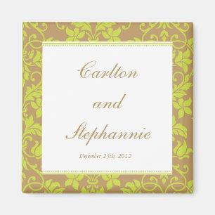 Brown and Lime Green Damask Wedding Magnet Favour