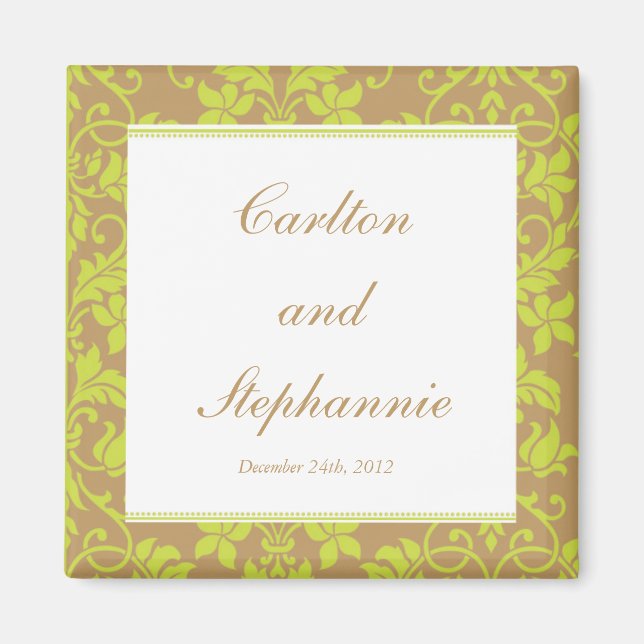 Brown and Lime Green Damask Wedding Magnet Favour (Front)