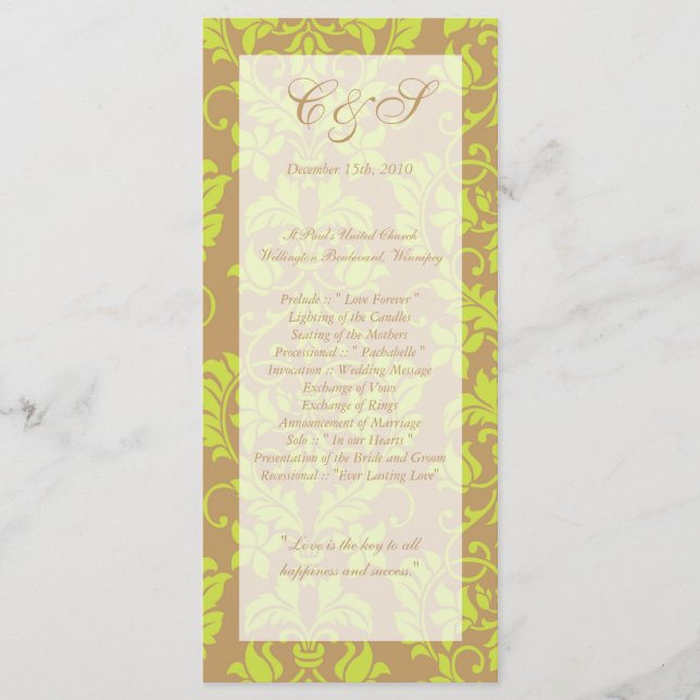 Brown and Lime Green Damask Wedding Programs Programme (Front)
