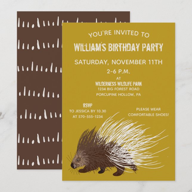 Brown and Mustard Porcupine Birthday Party Invitation (Front/Back)