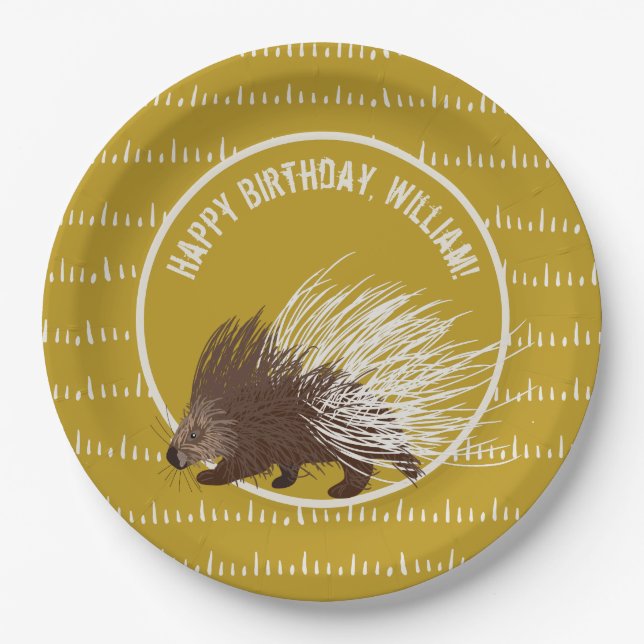 Brown and Mustard Porcupine Birthday Party Paper Plate (Front)
