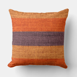 Brown and Orange Stripes Burlap Linen Rustic Jute Cushion