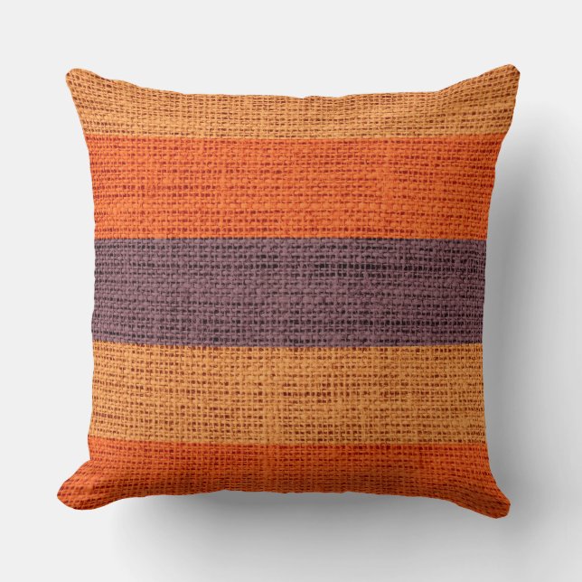 Brown and Orange Stripes Burlap Linen Rustic Jute Cushion (Front)
