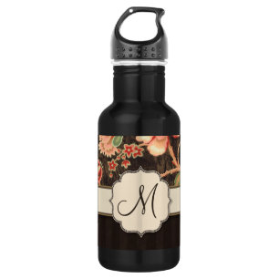 Brown and Peach Retro Floral, Stripes and Monogram 532 Ml Water Bottle
