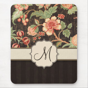 Brown and Peach Retro Floral, Stripes and Monogram Mouse Mat