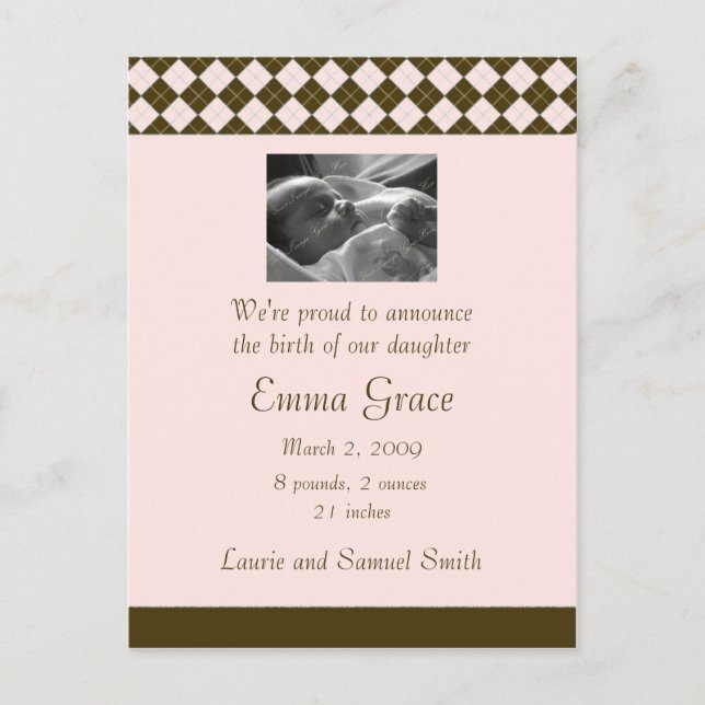 Brown and Pink Argyle Announcement (Customisable) Postcard (Front)