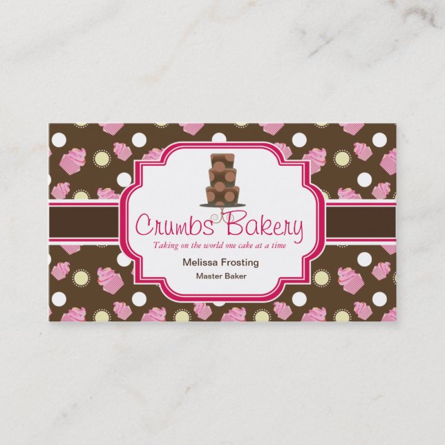 Brown and Pink Cute Cake Bakery Business Cards (Front)