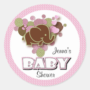 Brown and Pink Elephant Baby Shower Classic Round Sticker