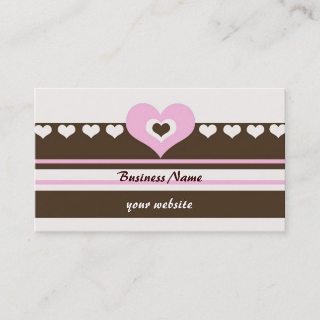 Brown and Pink Hearts and Stripes Business Card (Front)