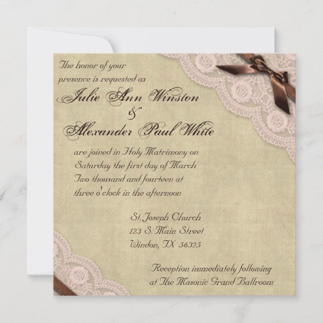 Brown and Pink Lace Vintage Wedding Invitation (Front)