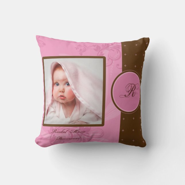 Brown and Pink Monogram Baby Photo Keepsake Pillow (Front)