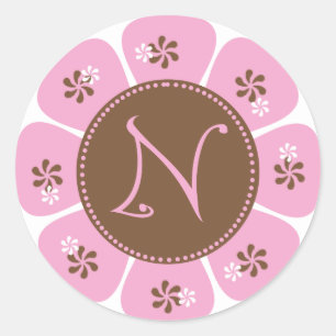 Brown and Pink Monogram N Classic Round Sticker