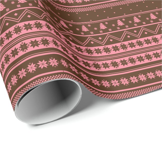 Brown And Pink Nordic Sweater Christmas Pattern   Wrapping Paper (Roll Corner)