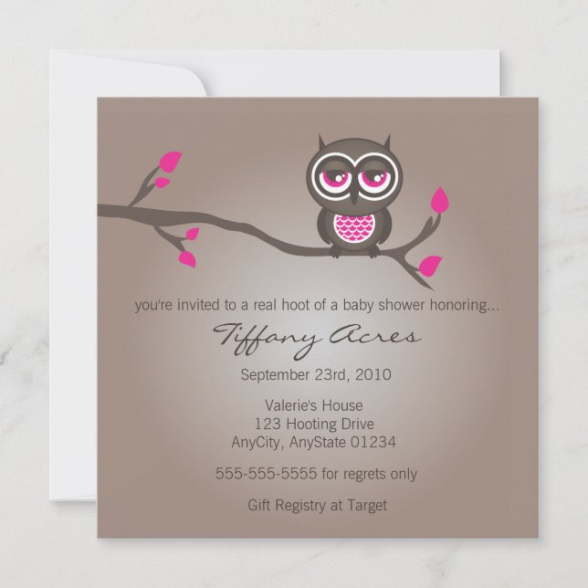 Brown and Pink Owl Baby Shower Invitation (Front)