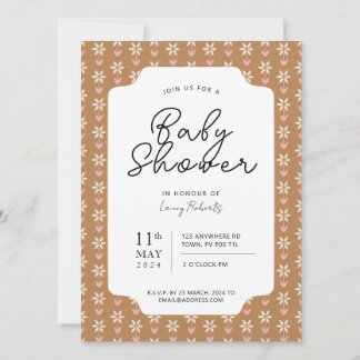 Brown and Pink Retro Daisy Floral Block Print Invitation