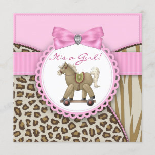 Brown and Pink Rocking Horse Baby Girl Shower Invitation