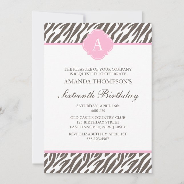 Brown and Pink Zebra Pattern Monogram Invitation (Front)