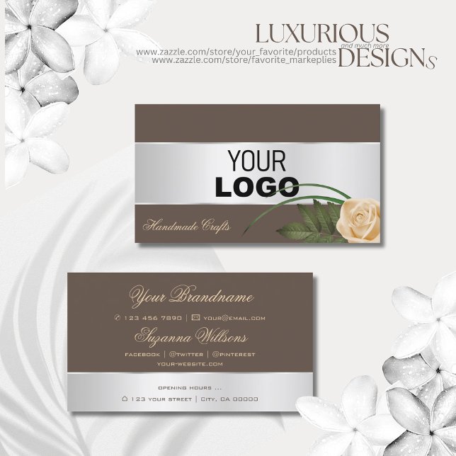 Brown and Silver Decor Cute Rose Flower with Logo Business Card (Creator Uploaded)