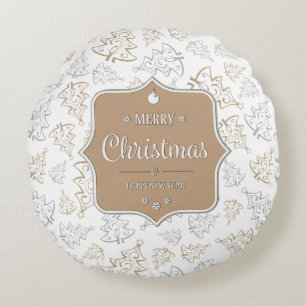 Brown and Silver Elegant Christmas Trees Pattern Round Cushion