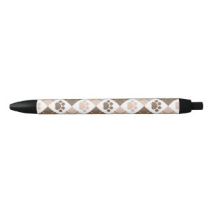 Brown and Tan Argyle Paw Print Pattern Black Ink Pen